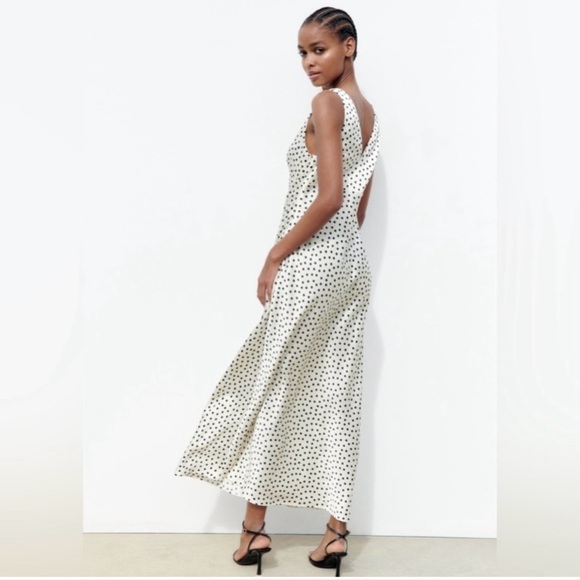 Zara Polka Dot Satin Slip Maxi Dress Size Medium Cream Black - Picture 3 of 10